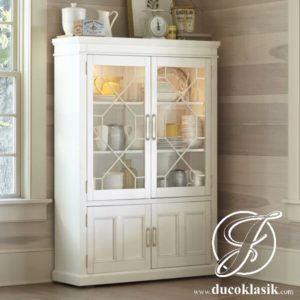 Lemari Hias Kaca Minimalis Cat Duco Putih